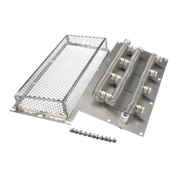 A metal box with a metal mesh and wires inside.