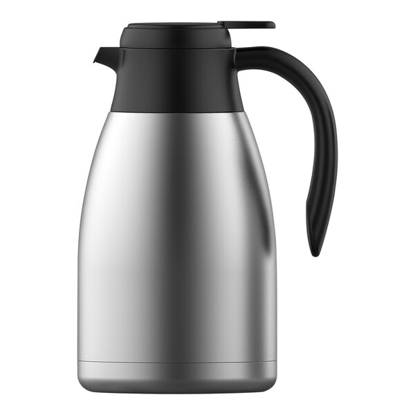 A silver and black Complements stainless steel vacuum insulated coffee server.