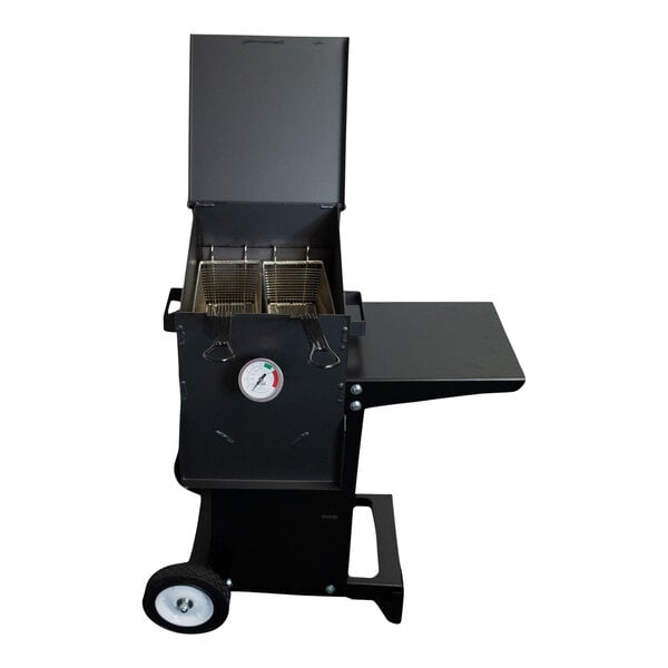 A Mack's Fryers steel outdoor deep fryer with a white dial and a gauge.