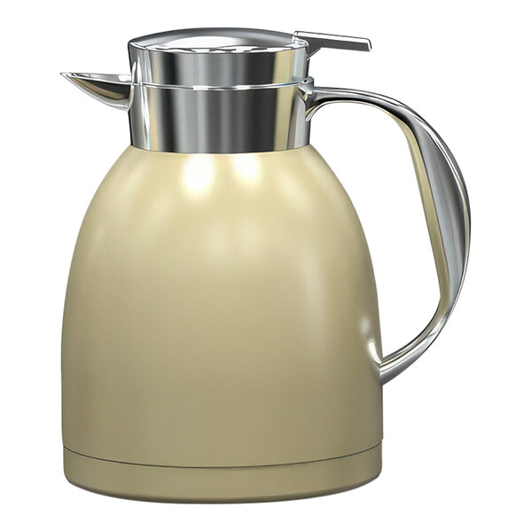 A cream colored Complements champagne server with a stainless steel lid.