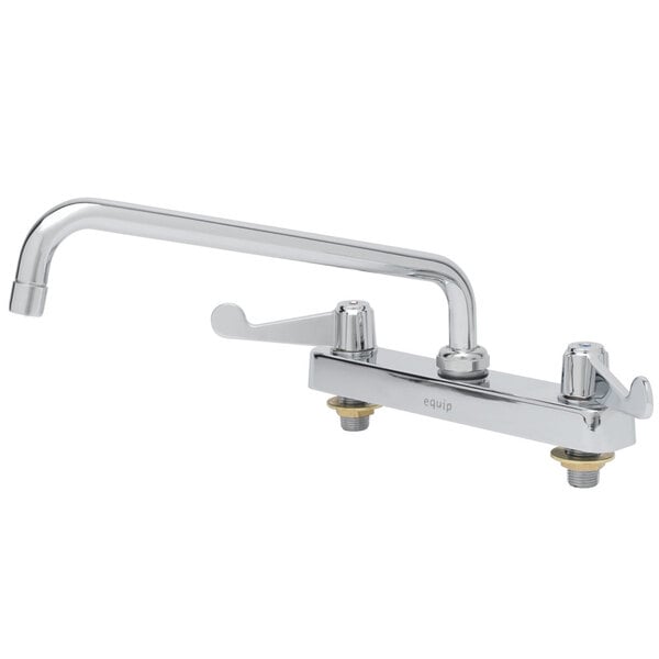 A chrome Equip by T&S deck-mounted workboard faucet with wrist handles and a swing spout.