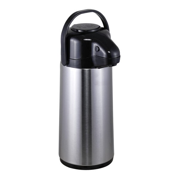 A Steelite International stainless steel airpot with a black and silver pump.