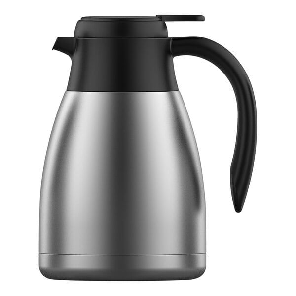 A Steelite International stainless steel coffee server with a black handle.