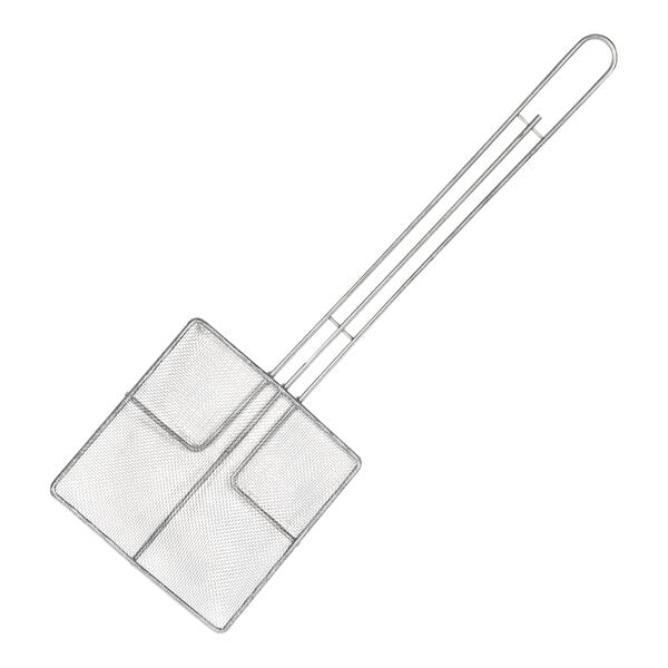 A Mack's Fryers square fine mesh skimmer with a metal grid and a handle.