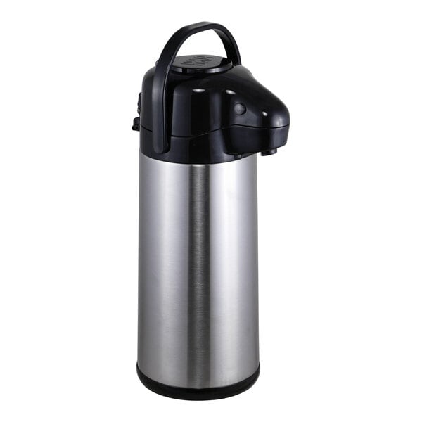 A Steelite International stainless steel airpot with a black pump and lid.