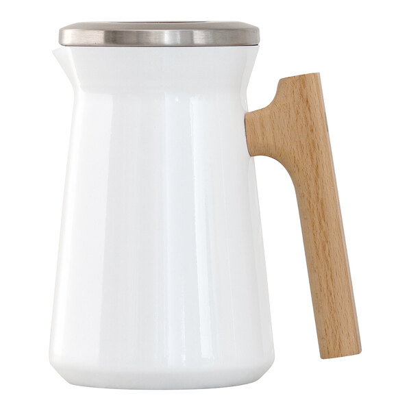 A white stainless steel coffee server with a wooden handle.