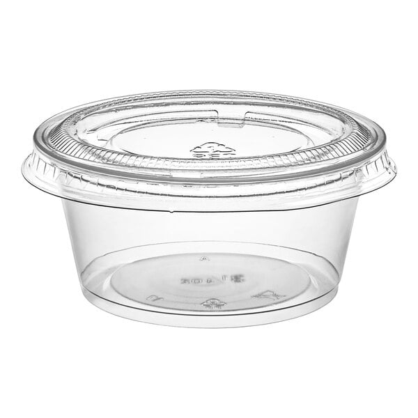 A clear plastic Choice souffle container with a lid.
