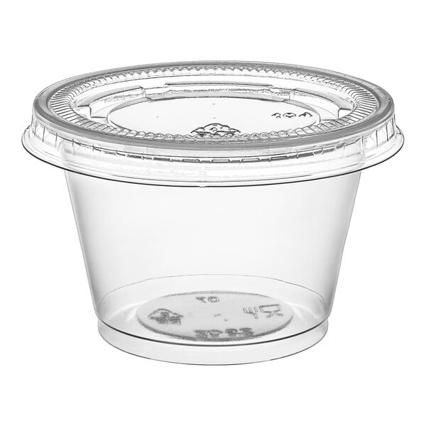 A clear plastic Choice souffle cup with a lid.