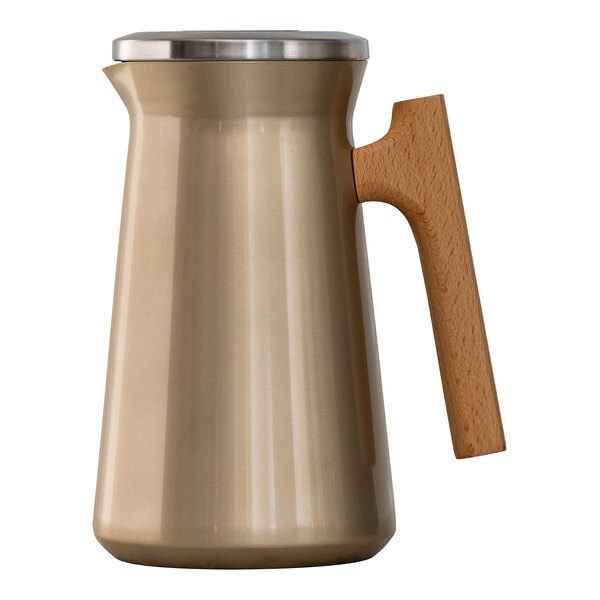 A Steelite International stainless steel coffee server with a wood handle.