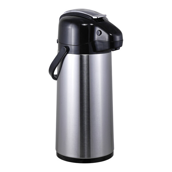A Steelite International stainless steel vacuum insulated airpot with a lever lid.