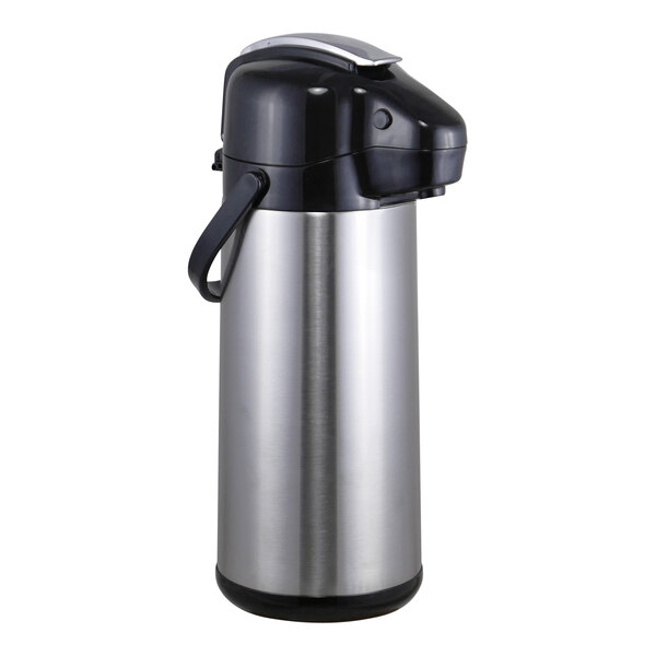 A Steelite International stainless steel vacuum insulated airpot with a black lever.