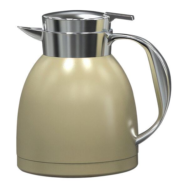 A cream colored container with a stainless steel lid and handle.