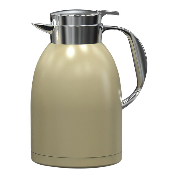 A cream colored container with a silver lid and handle.