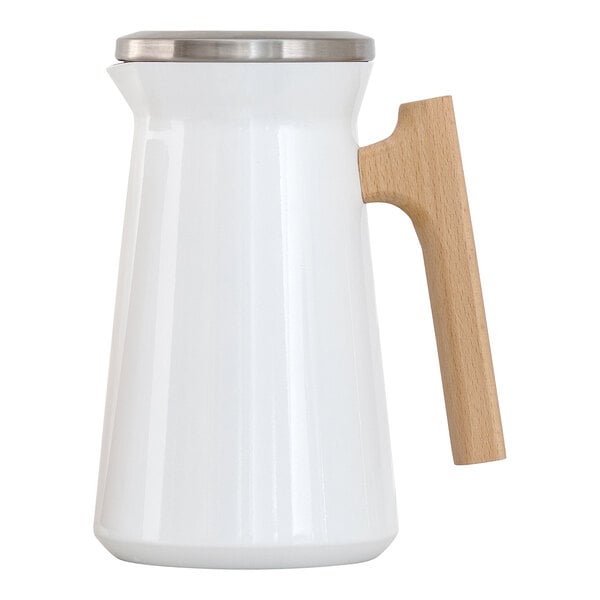 A white stainless steel lined vacuum insulated plastic server with a wood handle.