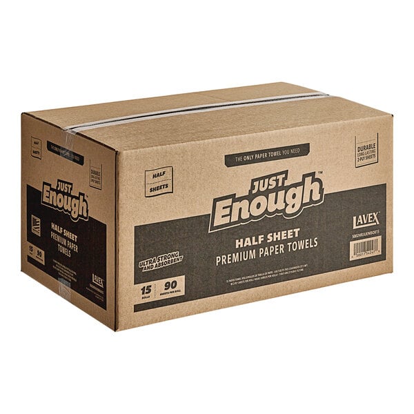 A box of 15 Lavex Just Enough 2-Ply Premium Half Sheet Paper Towel Rolls.