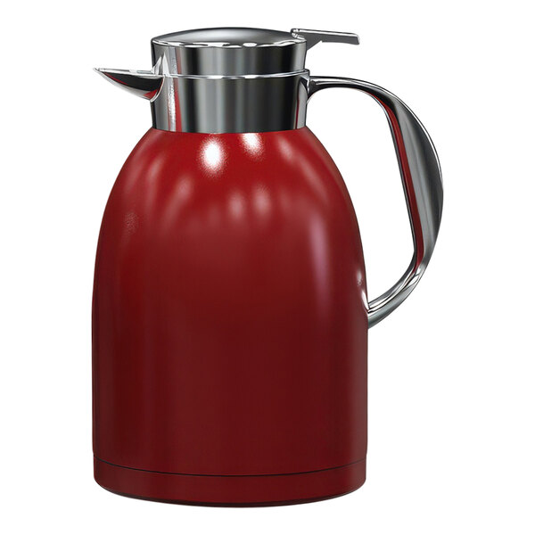 A red stainless steel lined vacuum insulated plastic server with a silver handle.