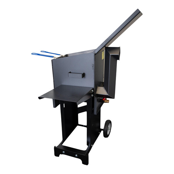 A black metal Mack's Fryers outdoor deep fryer with a stand.