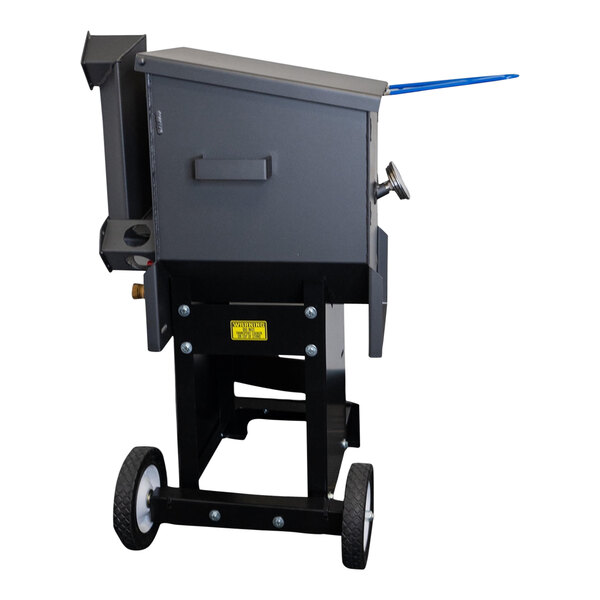 A black Mack's Fryers steel outdoor deep fryer with a blue handle on it and wheels.