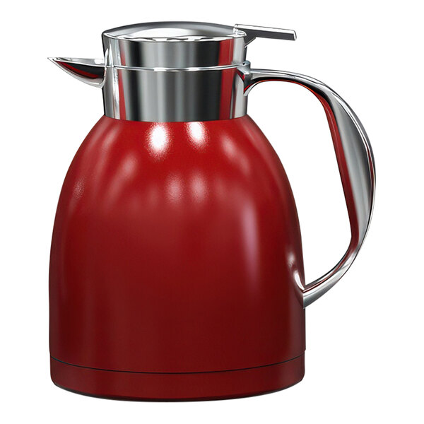 A red and silver stainless steel vacuum insulated server with a stainless steel handle.