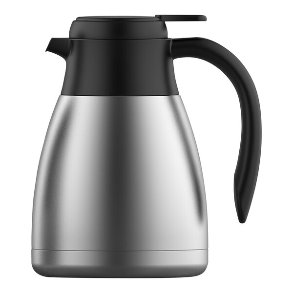 A Steelite International stainless steel coffee server with a black handle.