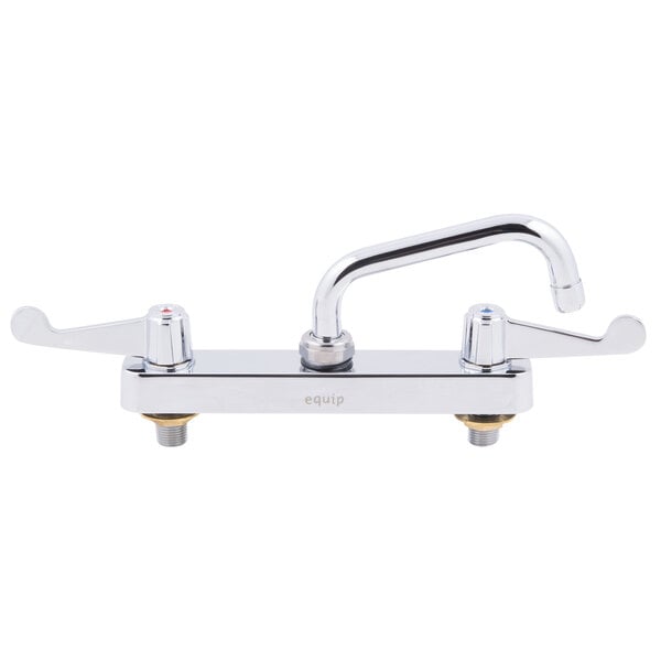 A chrome Equip by T&S deck-mounted workboard faucet with 2 wrist handles and a swing spout.