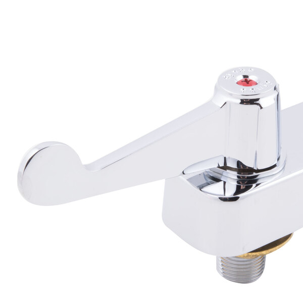 A close-up of a chrome Equip by T&S deck-mounted workboard faucet with wrist handles.