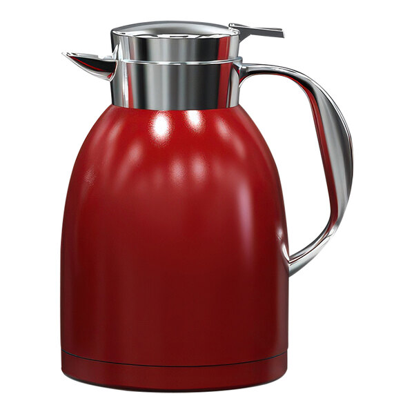 A Steelite International red stainless steel vacuum insulated server with a silver metal lining and handle.