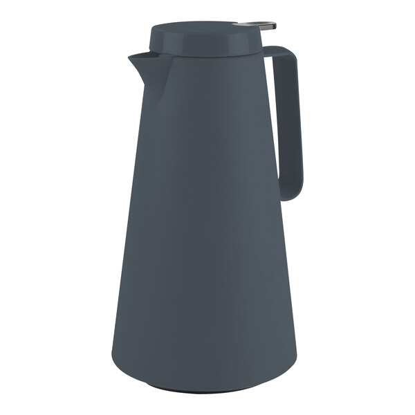 A grey pitcher with a handle and a lid.