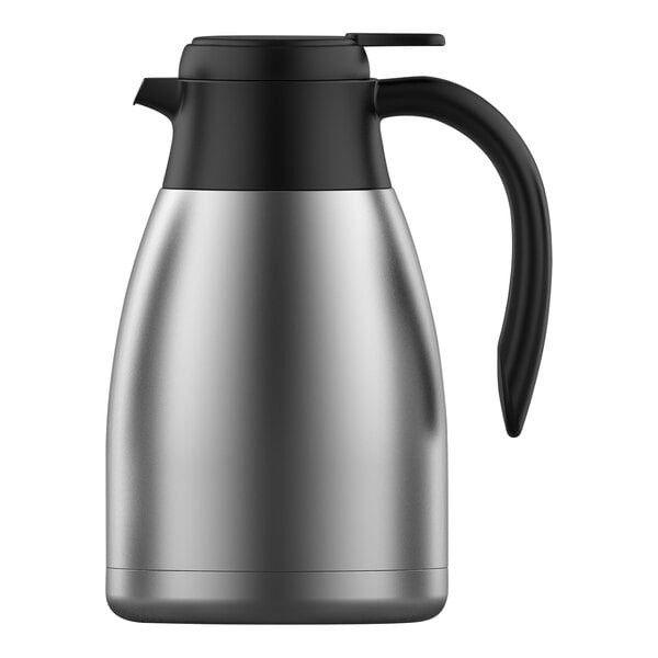 A Steelite International stainless steel coffee server with a black handle.