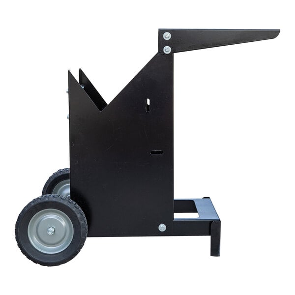 A black metal mobile stand with wheels.