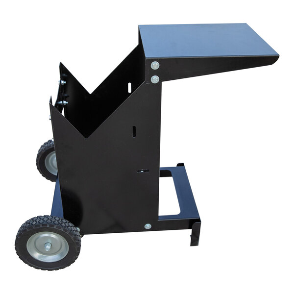 A black metal stand with wheels for Mack's Fryers outdoor deep fryers.