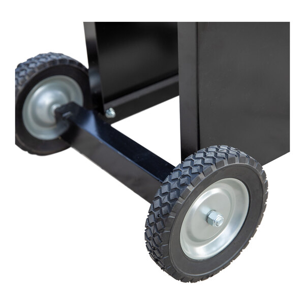 A black metal stand with wheels for Mack's outdoor fryers.