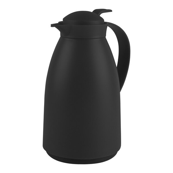 A matte black plastic coffee server with a lid and handle.