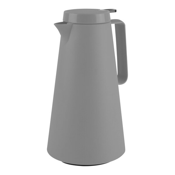 A grey plastic pitcher with a stainless steel lining and a lid.