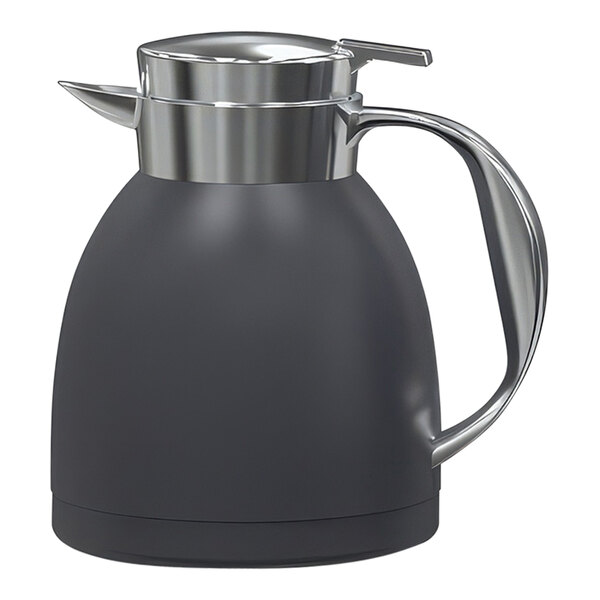 A silver and black stainless steel vacuum insulated server with a handle.