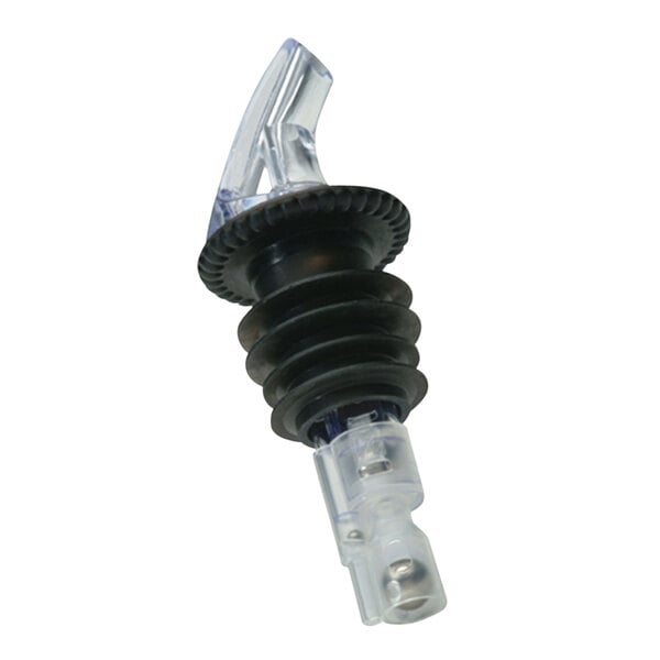 A close-up of a Precision Pours clear and black plastic liquor pourer.