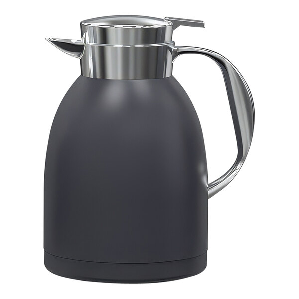 A black and silver stainless steel lined vacuum insulated coffee server with a handle.