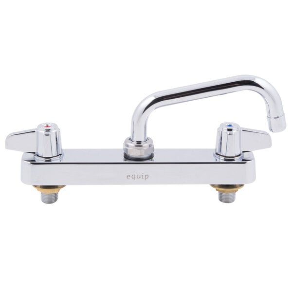 A chrome Equip by T&amp;S deck-mounted faucet with metal lever handles.