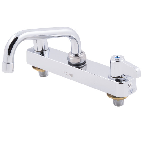 A chrome Equip by T&amp;S deck-mounted faucet with lever handles and a 6 1/8" swing spout.