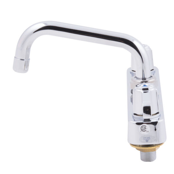 A chrome Equip by T&amp;S deck-mounted workboard faucet with lever handles and a swing spout.