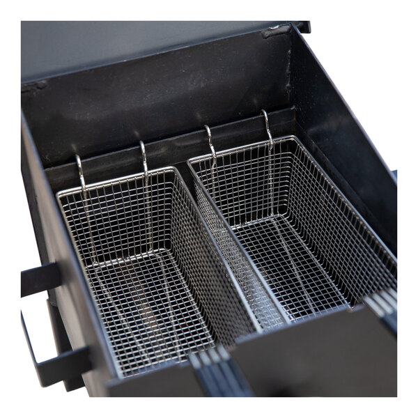 A black metal box with two metal baskets inside.