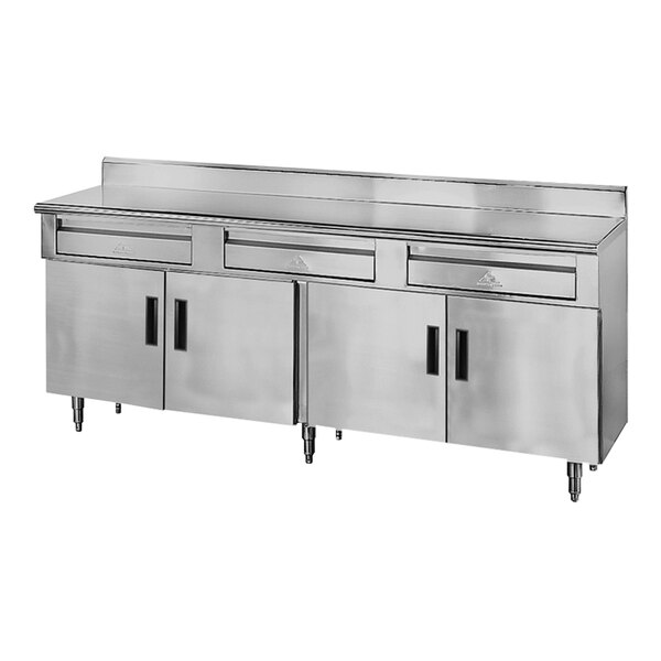 A large stainless steel work table with three drawers, four hinged doors, and a 5-inch backsplash.
