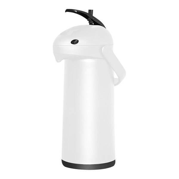 A white plastic Complements airpot with a black lid and handle.