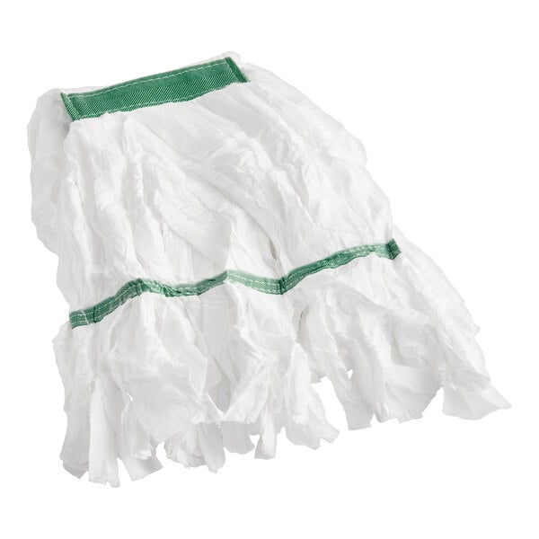 A white medium microfiber wet mop head with a 1-inch green headband.