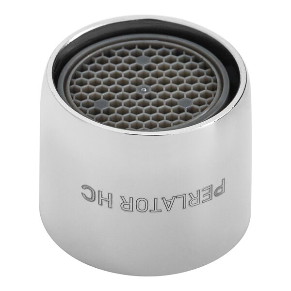A round silver water outlet mesh with a round hole and hexagon pattern on the back.