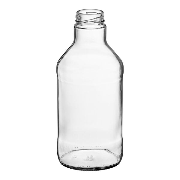 A clear glass bottle with a label panel.