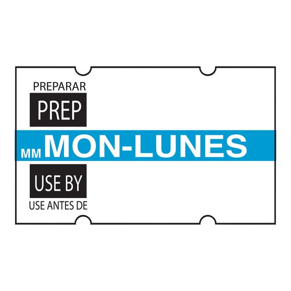 A white DayMark label with black text that says "Monday" and "Prep" with blue lines.