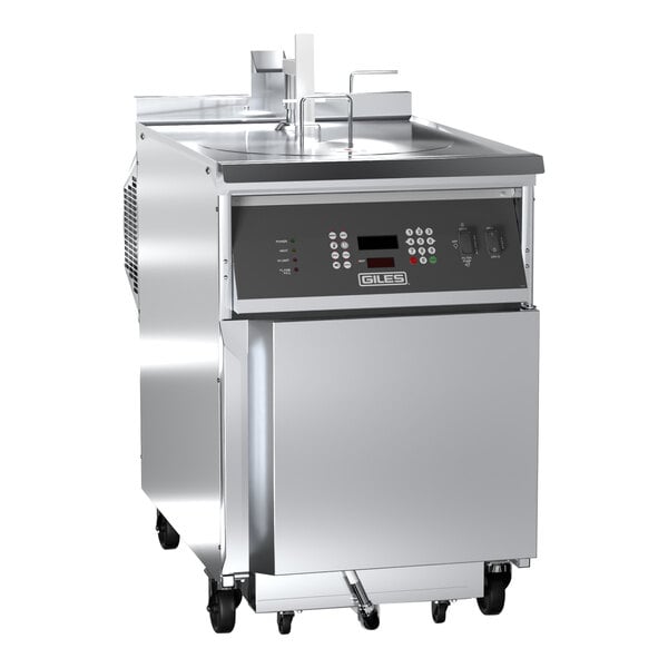 A large stainless steel Giles liquid propane kettle fryer.