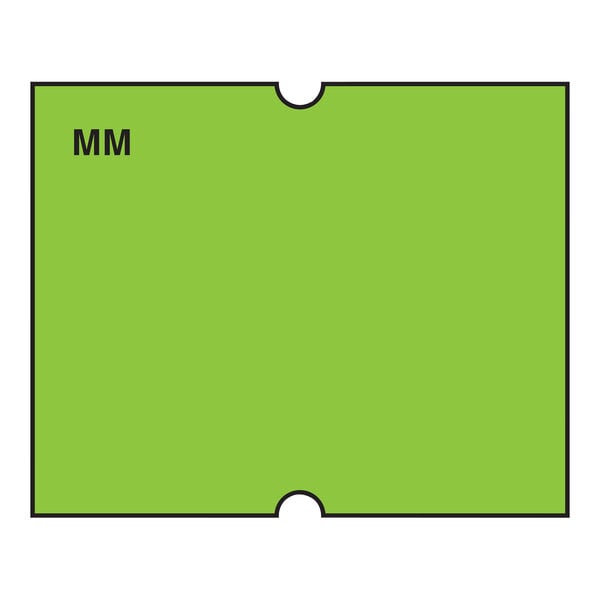 A rectangular green label with black text reading "mm" in the center.