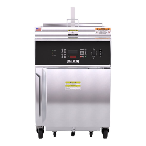 A large silver and black Giles electric kettle fryer with stainless steel cabinet.